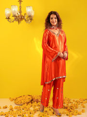 Shringar Orange Gaji Satin Silk Mirror Work Suit Set