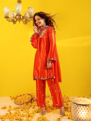 Shringar Orange Gaji Satin Silk Mirror Work Suit Set
