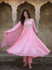 Gulabi Mul Chanderi Gota Work Anarkali Set