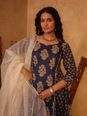 Navy Blue Floral Boota Cotton A-Line Kurta Set