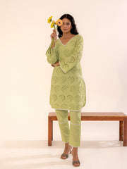 Sage Green Hakoba Kurta Set with Cutwork Embroidery