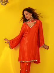 Shringar Orange Gaji Satin Silk Mirror Work Suit Set
