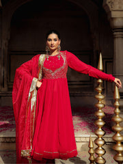 Red Aari Heavy Hand Embroidered Anarkali Suit Set