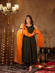 Chinon Green Sequin Work Anarkali Set