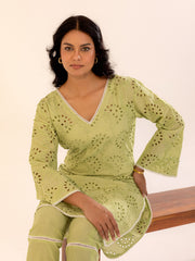 Sage Green Hakoba Kurta Set with Cutwork Embroidery
