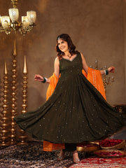 Chinon Green Sequin Work Anarkali Set