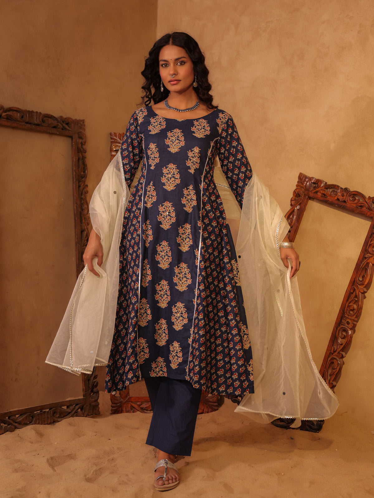 Navy Blue Floral Boota Cotton A-Line Kurta Set