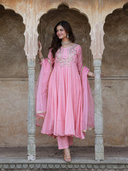 Gulabi Mul Chanderi Gota Work Anarkali Set