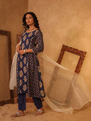 Navy Blue Floral Boota Cotton A-Line Kurta Set
