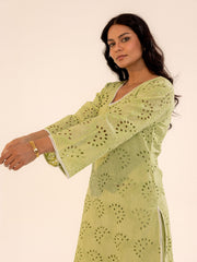 Sage Green Hakoba Kurta Set with Cutwork Embroidery