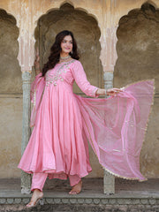 Gulabi Mul Chanderi Gota Work Anarkali Set