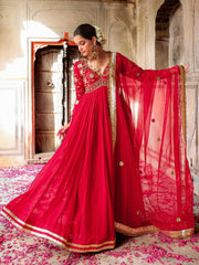 Red Gota Hand Embroidered Anarkali Suit Set with Dupatta
