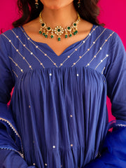 Saher Blue Pure Cotton Hand Sequin Work Anarkali Suit Set