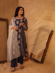 Navy Blue Floral Boota Cotton A-Line Kurta Set