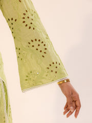 Sage Green Hakoba Kurta Set with Cutwork Embroidery