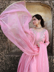 Gulabi Mul Chanderi Gota Work Anarkali Set
