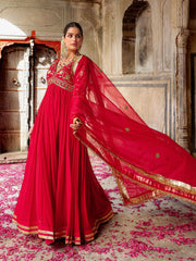 Red Gota Hand Embroidered Anarkali Suit Set with Dupatta