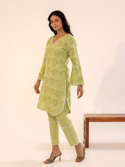 Sage Green Hakoba Kurta Set with Cutwork Embroidery