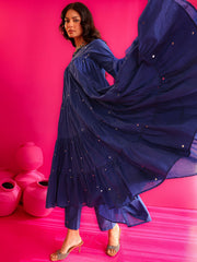 Saher Blue Pure Cotton Hand Sequin Work Anarkali Suit Set