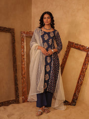 Navy Blue Floral Boota Cotton A-Line Kurta Set