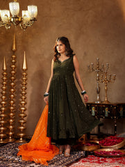 Chinon Green Sequin Work Anarkali Set