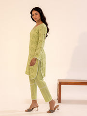 Sage Green Hakoba Kurta Set with Cutwork Embroidery