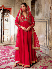 Red Gota Hand Embroidered Anarkali Suit Set with Dupatta