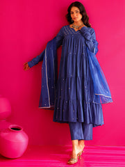 Saher Blue Pure Cotton Hand Sequin Work Anarkali Suit Set