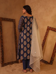 Navy Blue Floral Boota Cotton A-Line Kurta Set
