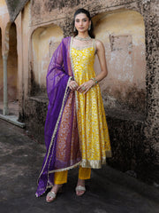 Gulmohar Yellow Dola Silk Jacquard Anarkali Suit Set