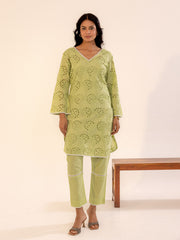 Sage Green Hakoba Kurta Set with Cutwork Embroidery