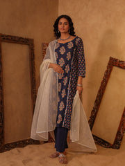 Navy Blue Floral Boota Cotton A-Line Kurta Set