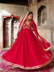 Red Gota Hand Embroidered Anarkali Suit Set with Dupatta