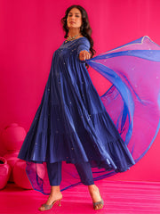 Saher Blue Pure Cotton Hand Sequin Work Anarkali Suit Set