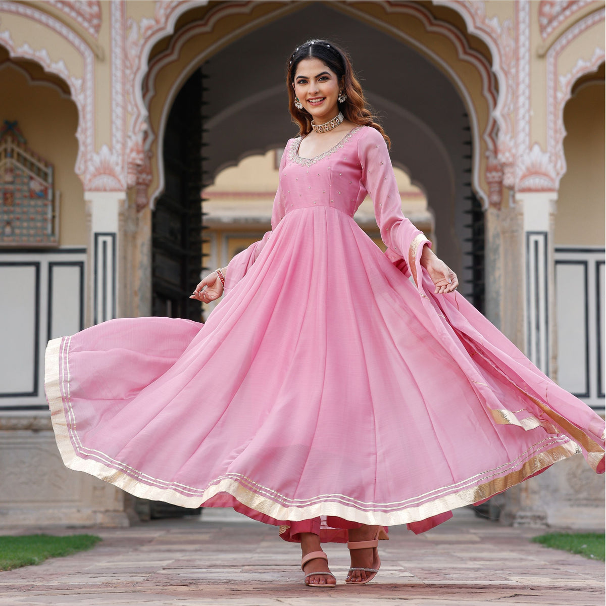 Flamingo Pink Zardozi Work Chiffon Anarkali Suit Set