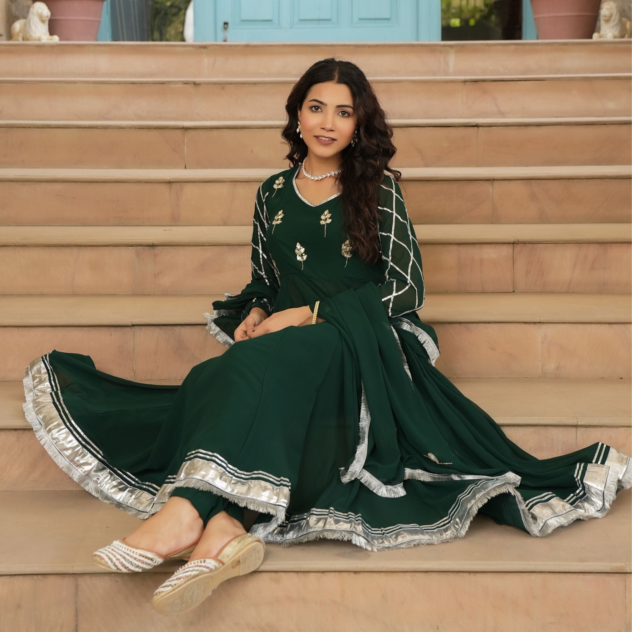 Asheera Georgette Green Gota Hand Work Anarkali Suit Set