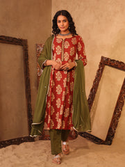 Rust Red Floral Boota Print Cotton A-Line Kurta Set