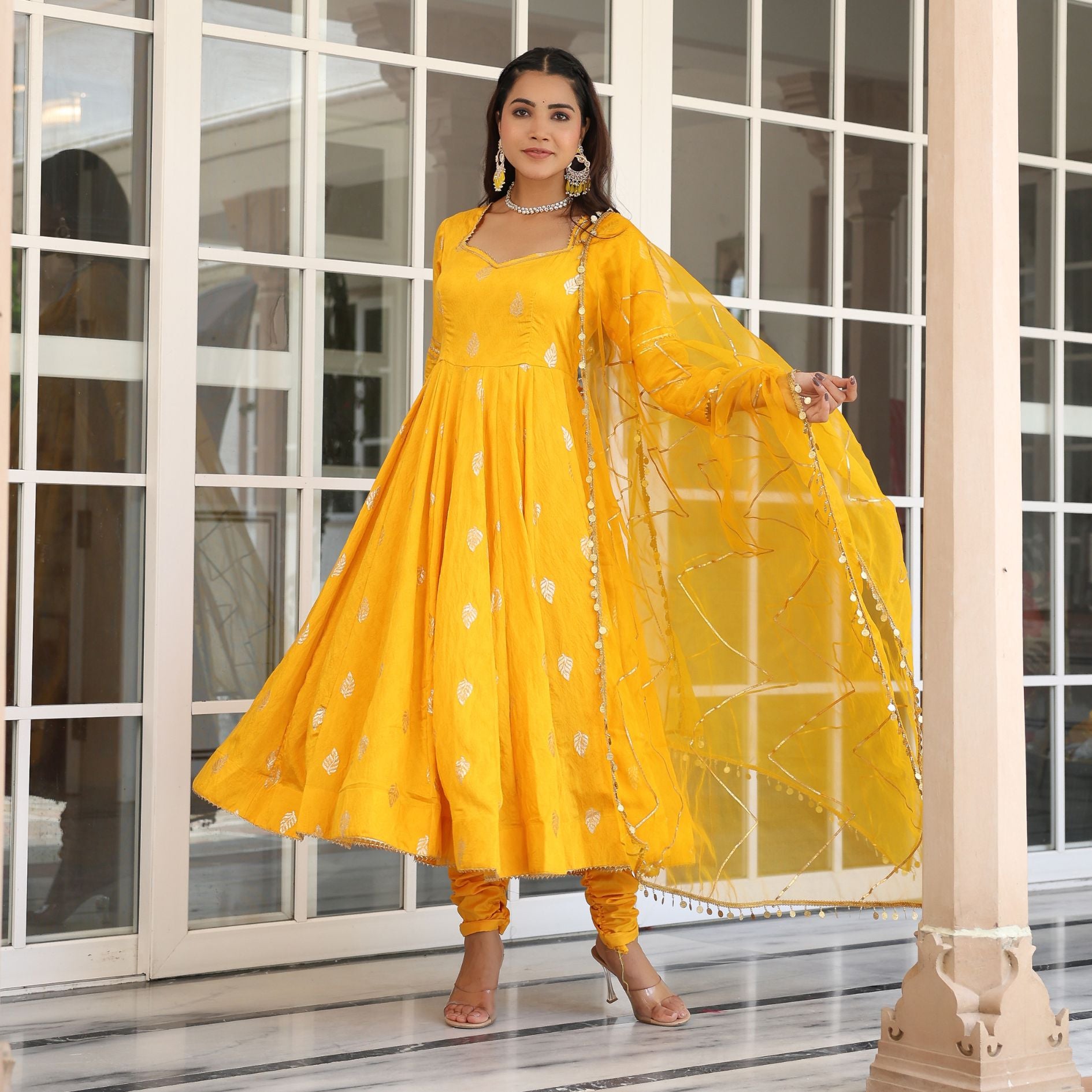 Yellow Chanderi Jacquard Anarkali Suit Set