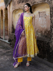 Gulmohar Yellow Dola Silk Jacquard Anarkali Suit Set