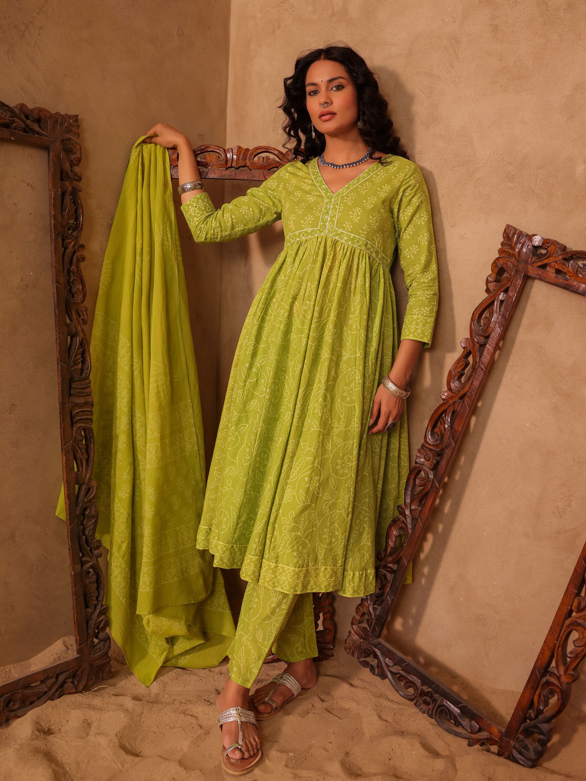 Green Jaal Vine Hand Block Cotton Anarkali Kurta Set