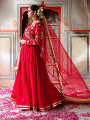 Red Gota Hand Embroidered Anarkali Suit Set with Dupatta