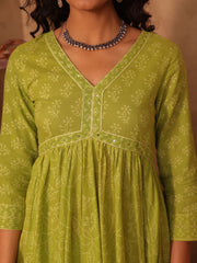 Green Jaal Vine Hand Block Cotton Anarkali Kurta Set