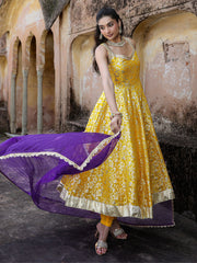 Gulmohar Yellow Dola Silk Jacquard Anarkali Suit Set