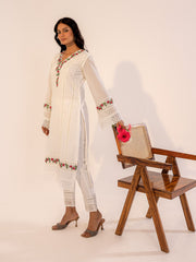 White Cotton Kurta Set with Floral Embroidery