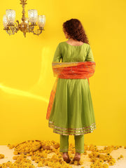 Green Cotton Gota Work Anarkali Suit Set