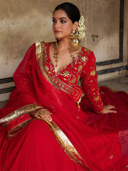 Red Gota Hand Embroidered Anarkali Suit Set with Dupatta