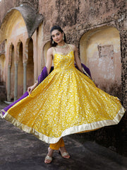 Gulmohar Yellow Dola Silk Jacquard Anarkali Suit Set