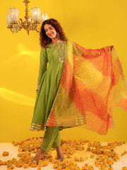 Green Cotton Gota Work Anarkali Suit Set
