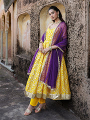 Gulmohar Yellow Dola Silk Jacquard Anarkali Suit Set