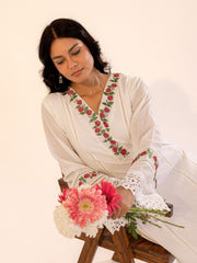 White Cotton Kurta Set with Floral Embroidery